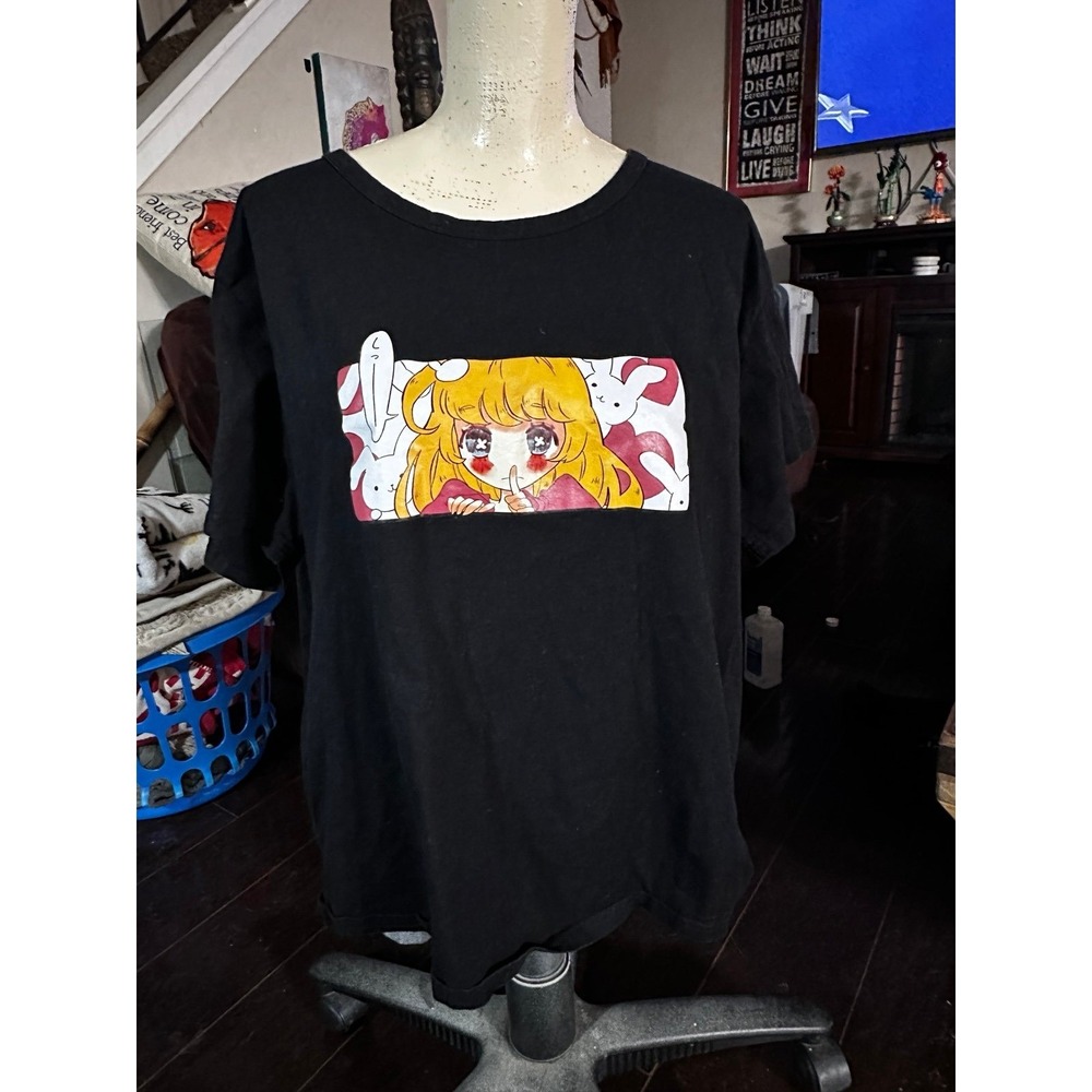 Shein Curve Black Anime Girl Bunny Graphic T-Shirt 4XL Plus Size Casual Tee